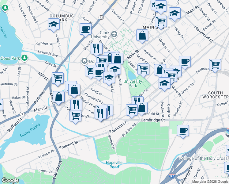 map of restaurants, bars, coffee shops, grocery stores, and more near 27 Freeland Street in Worcester