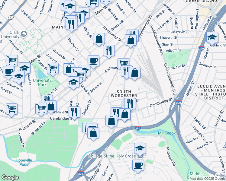 map of restaurants, bars, coffee shops, grocery stores, and more near 36 Lewis Street in Worcester