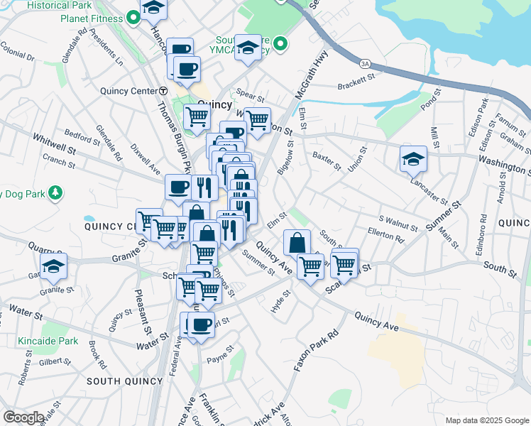 map of restaurants, bars, coffee shops, grocery stores, and more near 1630-1642 Hancock Street in Quincy