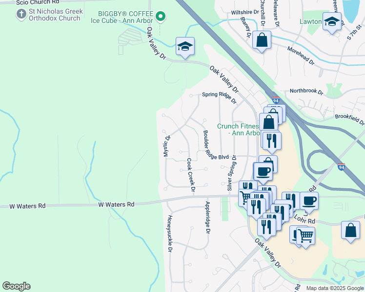 map of restaurants, bars, coffee shops, grocery stores, and more near 2357 Marquis Court in Ann Arbor
