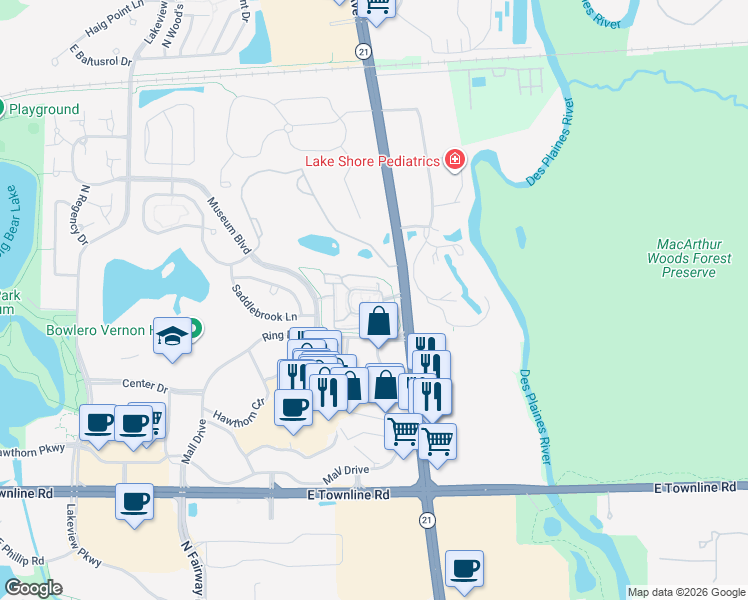 map of restaurants, bars, coffee shops, grocery stores, and more near 1155 Museum Boulevard in Vernon Hills