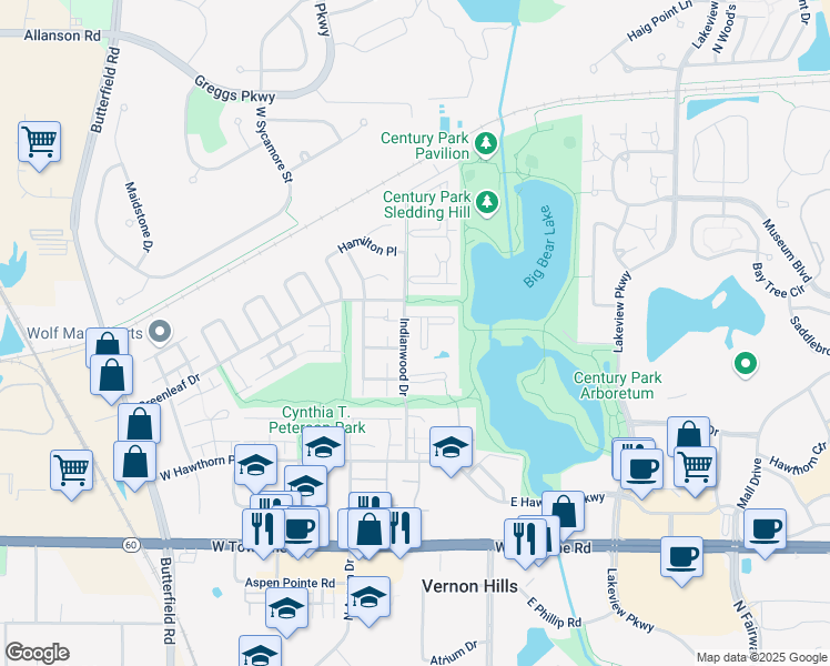 map of restaurants, bars, coffee shops, grocery stores, and more near 1008 Centurion Lane in Vernon Hills