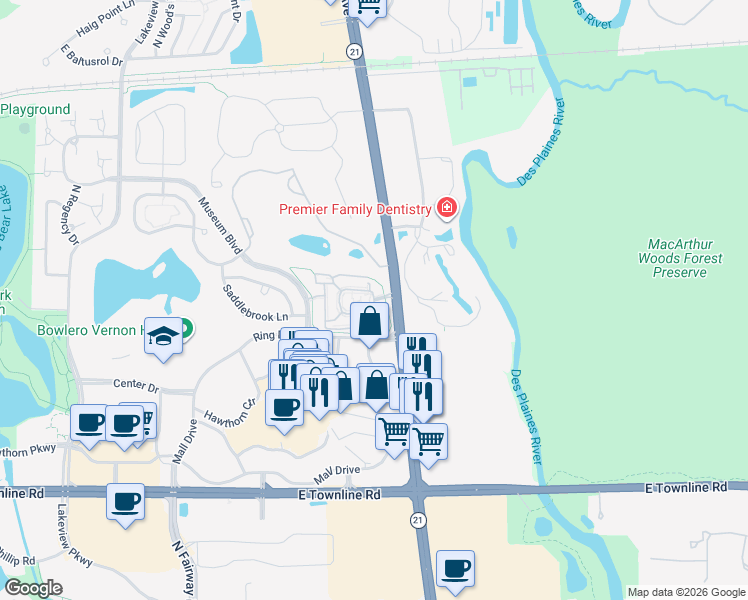 map of restaurants, bars, coffee shops, grocery stores, and more near 1152 Museum Boulevard in Vernon Hills