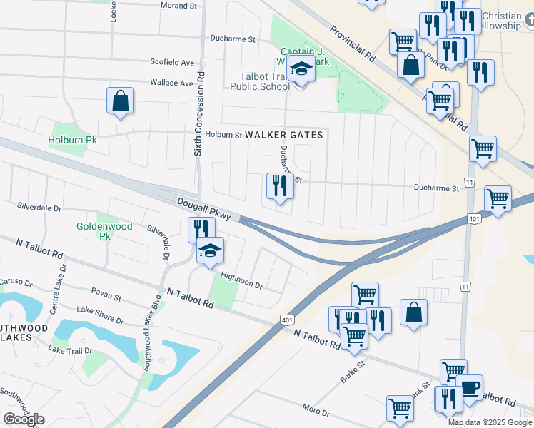 map of restaurants, bars, coffee shops, grocery stores, and more near 1517 Meridian Street in Windsor