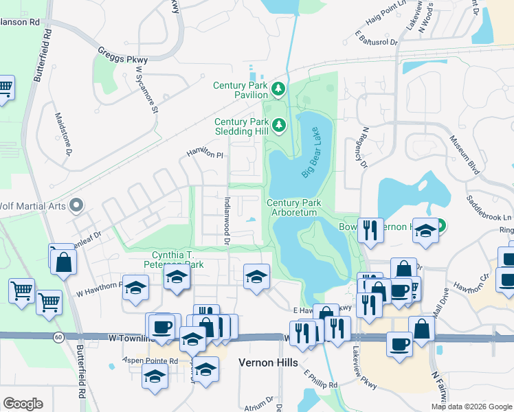 map of restaurants, bars, coffee shops, grocery stores, and more near 2 Timber Lane in Vernon Hills