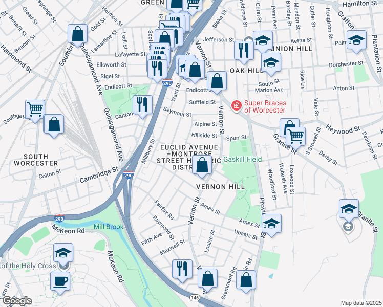 map of restaurants, bars, coffee shops, grocery stores, and more near 16 Montrose Street in Worcester