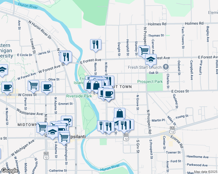 map of restaurants, bars, coffee shops, grocery stores, and more near 400 North River Street in Ypsilanti