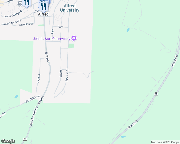 map of restaurants, bars, coffee shops, grocery stores, and more near 10 Upper College Drive in Alfred