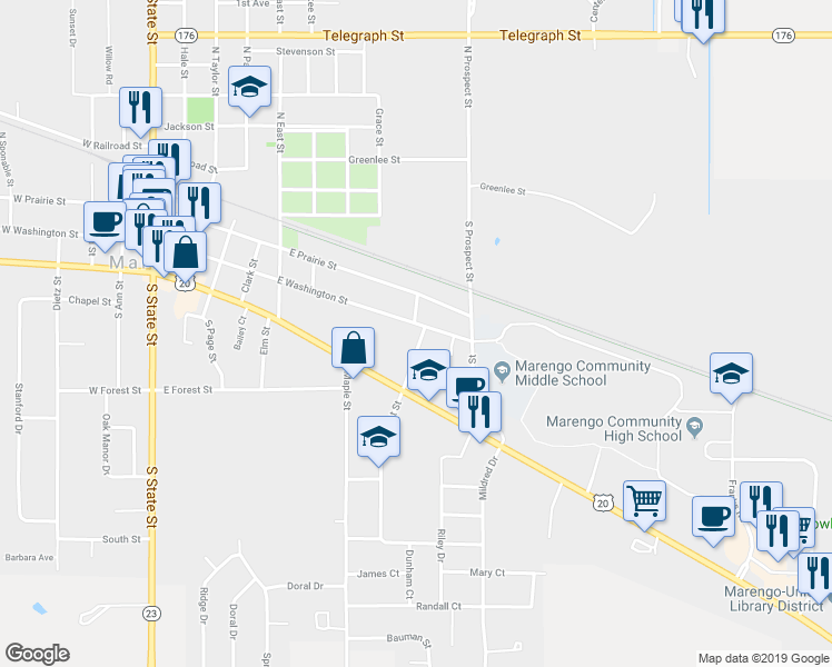 map of restaurants, bars, coffee shops, grocery stores, and more near 757 East Washington Street in Marengo