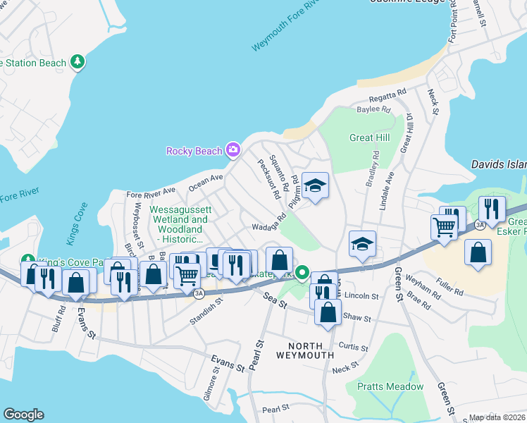 map of restaurants, bars, coffee shops, grocery stores, and more near 33 Hobamack Road in Weymouth