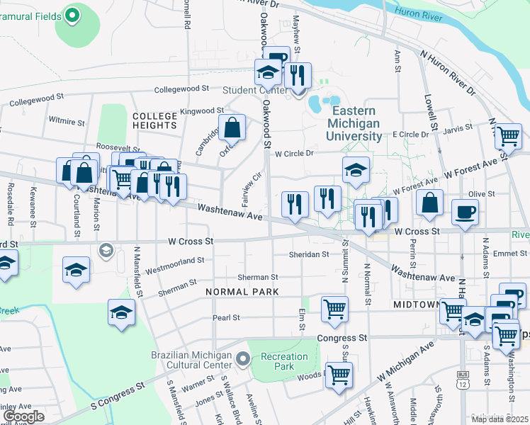 map of restaurants, bars, coffee shops, grocery stores, and more near 1001 Washtenaw Road in Ypsilanti