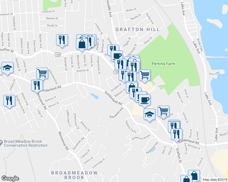 map of restaurants, bars, coffee shops, grocery stores, and more near 14 Arcadia Street in Worcester