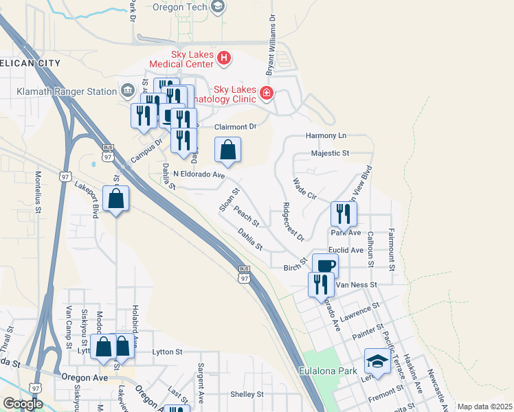 map of restaurants, bars, coffee shops, grocery stores, and more near 176 Peach Street in Klamath Falls