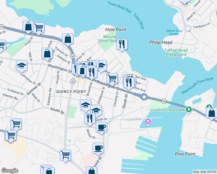 map of restaurants, bars, coffee shops, grocery stores, and more near 74 6th Avenue in Quincy
