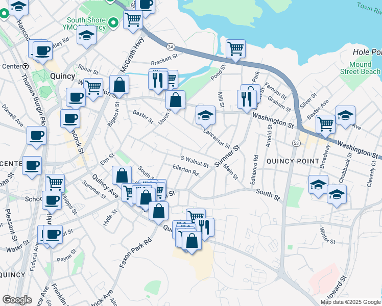 map of restaurants, bars, coffee shops, grocery stores, and more near 115 South Walnut Street in Quincy