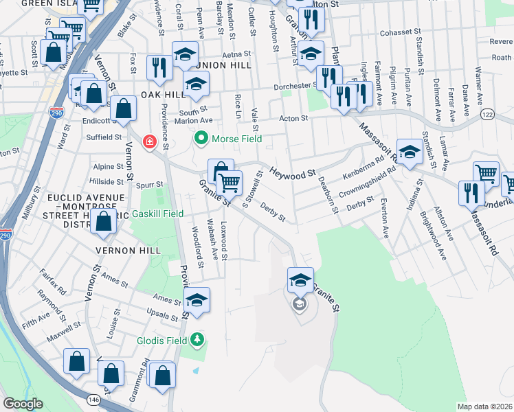 map of restaurants, bars, coffee shops, grocery stores, and more near 76 Granite Street in Worcester