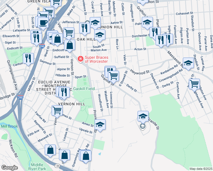 map of restaurants, bars, coffee shops, grocery stores, and more near 17 Wabash Avenue in Worcester