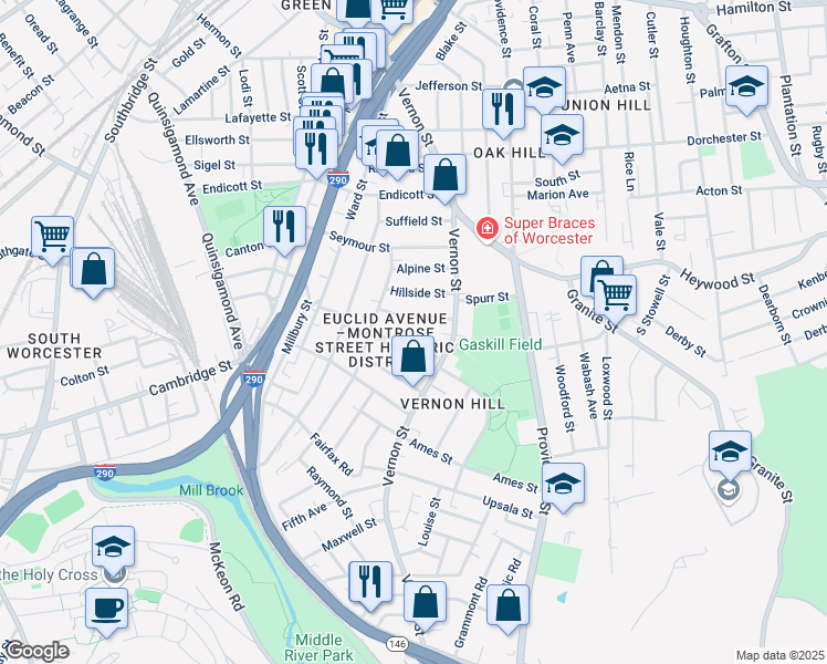 map of restaurants, bars, coffee shops, grocery stores, and more near 5 Montrose Street in Worcester