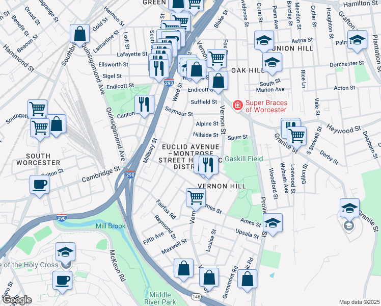 map of restaurants, bars, coffee shops, grocery stores, and more near 17 Euclid Avenue in Worcester