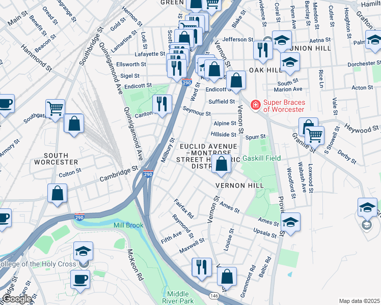 map of restaurants, bars, coffee shops, grocery stores, and more near 123 Perry Avenue in Worcester