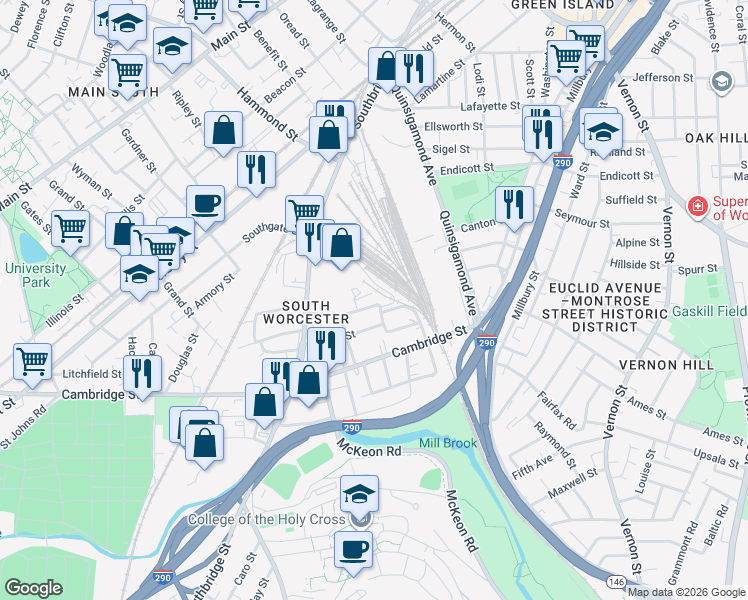 map of restaurants, bars, coffee shops, grocery stores, and more near 4 Clapp Street in Worcester