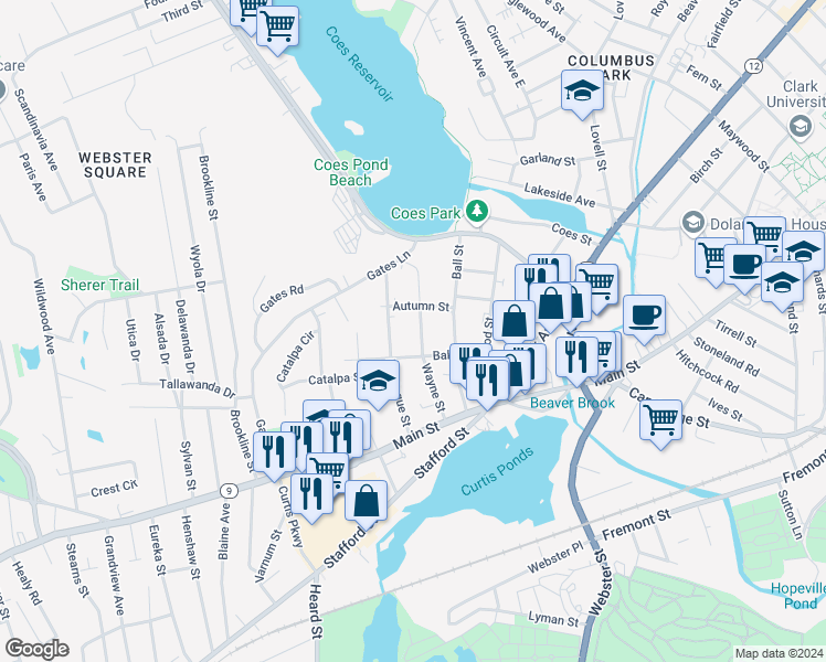 map of restaurants, bars, coffee shops, grocery stores, and more near 28 Baker Street in Worcester