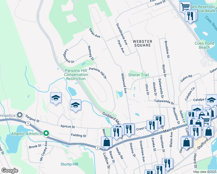 map of restaurants, bars, coffee shops, grocery stores, and more near 55 Parsons Hill Drive in Worcester