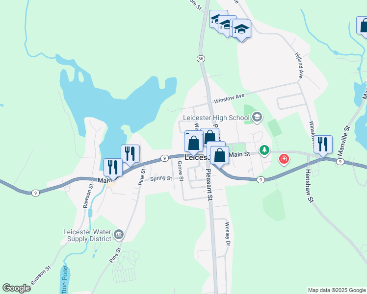 map of restaurants, bars, coffee shops, grocery stores, and more near 1100 Main Street in Leicester