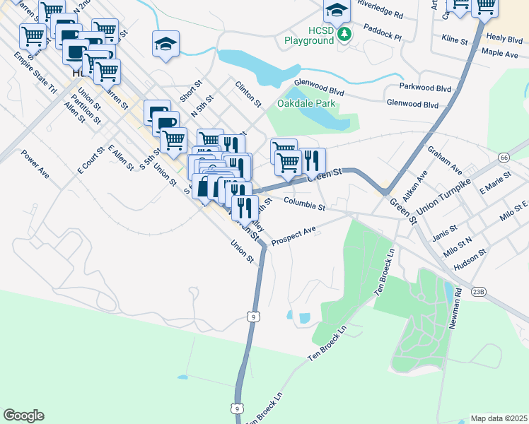 map of restaurants, bars, coffee shops, grocery stores, and more near 820 Warren Street in Hudson