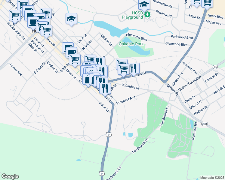 map of restaurants, bars, coffee shops, grocery stores, and more near 820 Warren Street in Hudson