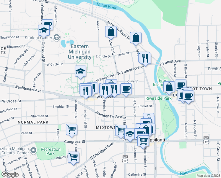 map of restaurants, bars, coffee shops, grocery stores, and more near 500 West Cross Street in Ypsilanti