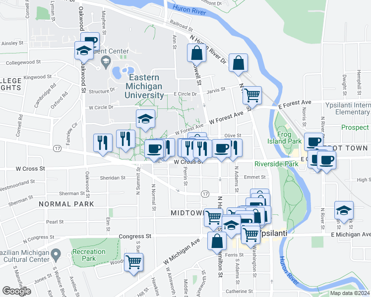 map of restaurants, bars, coffee shops, grocery stores, and more near 402 Perrin Street in Ypsilanti