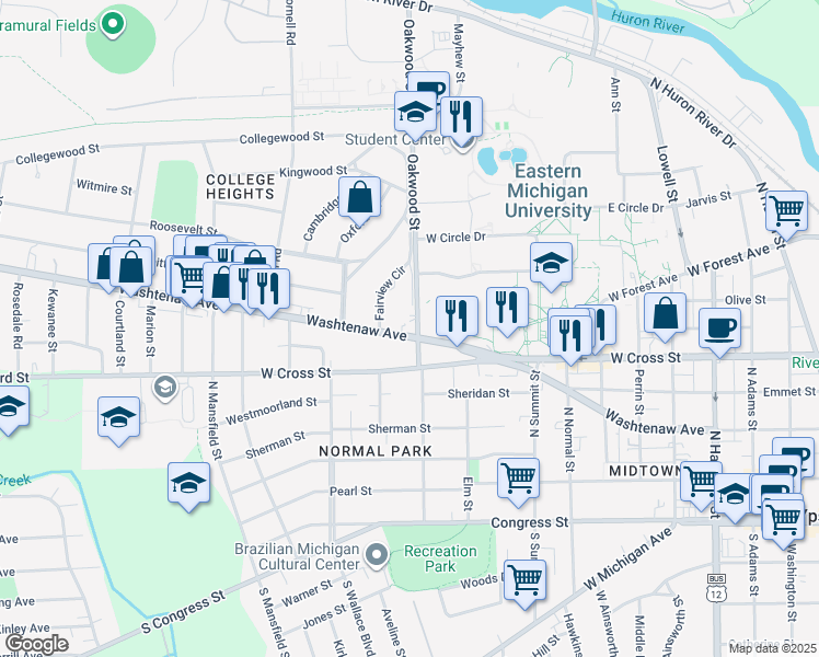 map of restaurants, bars, coffee shops, grocery stores, and more near 1001 Washtenaw Road in Ypsilanti
