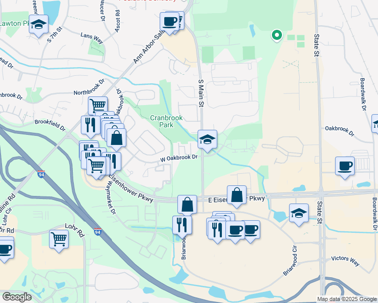 map of restaurants, bars, coffee shops, grocery stores, and more near 2830 South Main Street in Ann Arbor