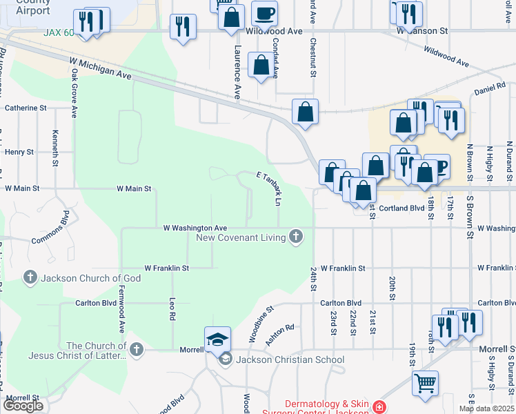 map of restaurants, bars, coffee shops, grocery stores, and more near 1000 East Tanbark Lane in Jackson