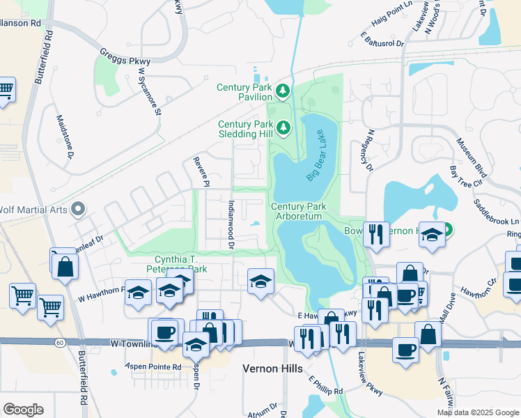 map of restaurants, bars, coffee shops, grocery stores, and more near 5 Crestview Lane in Vernon Hills