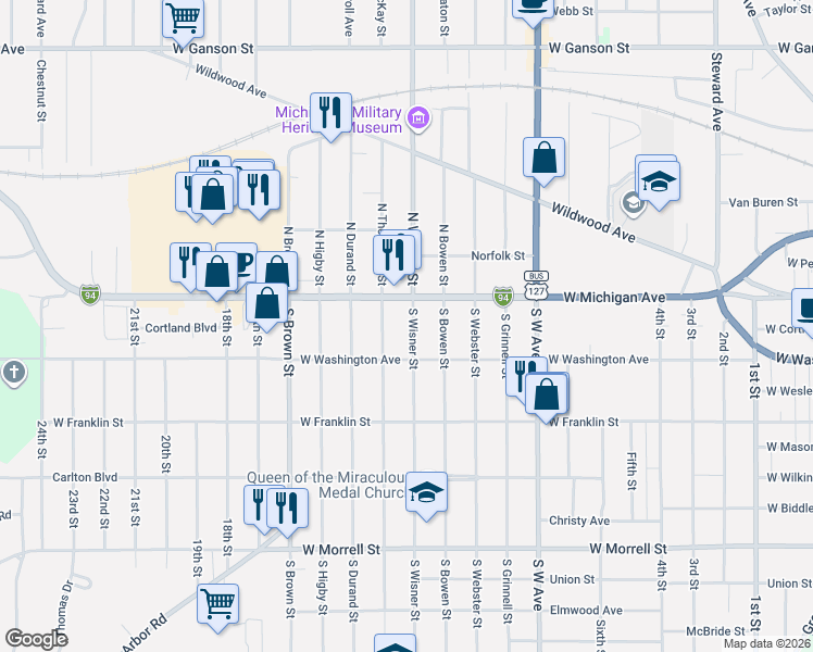 map of restaurants, bars, coffee shops, grocery stores, and more near 114 South Wisner Street in Jackson