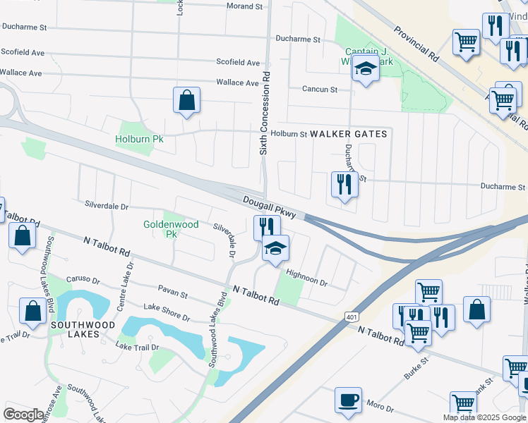 map of restaurants, bars, coffee shops, grocery stores, and more near 4316 Sixth Concession Road in Windsor