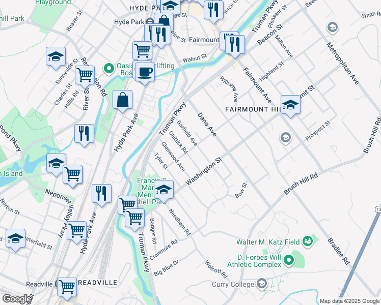 map of restaurants, bars, coffee shops, grocery stores, and more near 75 Chittick Road in Boston