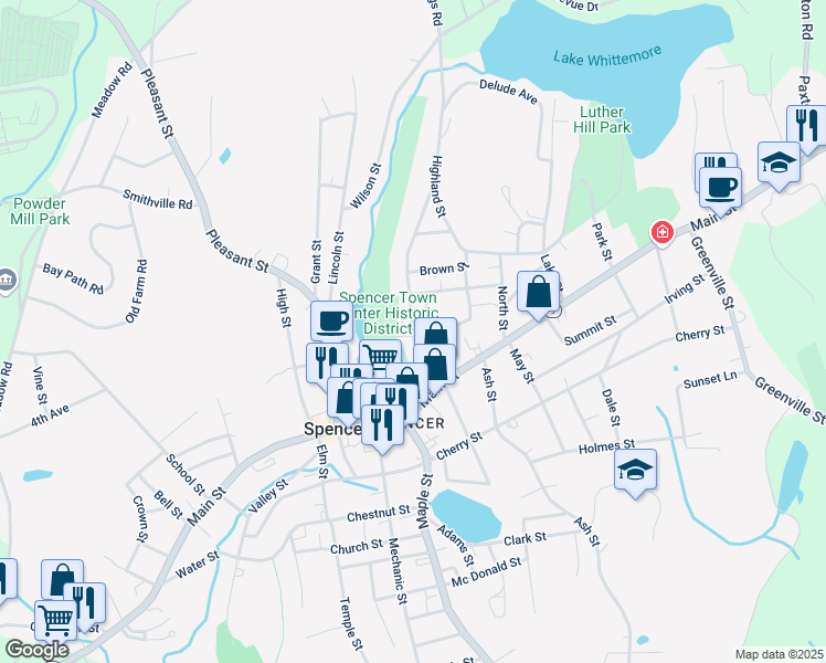 map of restaurants, bars, coffee shops, grocery stores, and more near 23 Grove Street in Spencer