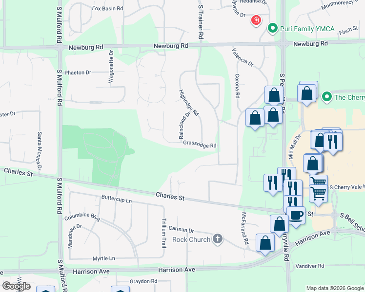 map of restaurants, bars, coffee shops, grocery stores, and more near 6539 Grassridge Road in Rockford