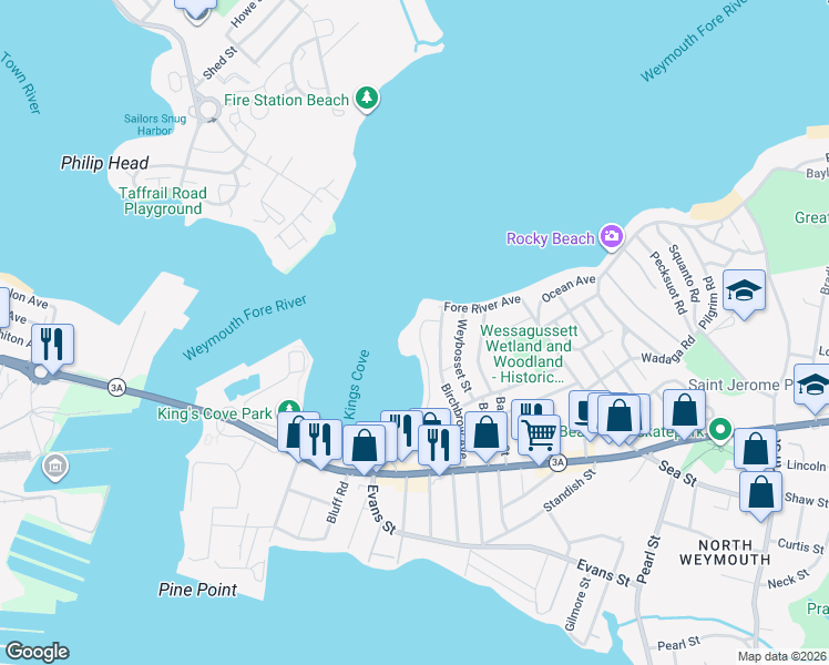 map of restaurants, bars, coffee shops, grocery stores, and more near 87 Kings Cove Beach Road in Weymouth
