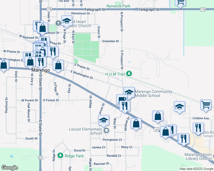 map of restaurants, bars, coffee shops, grocery stores, and more near 757 East Washington Street in Marengo