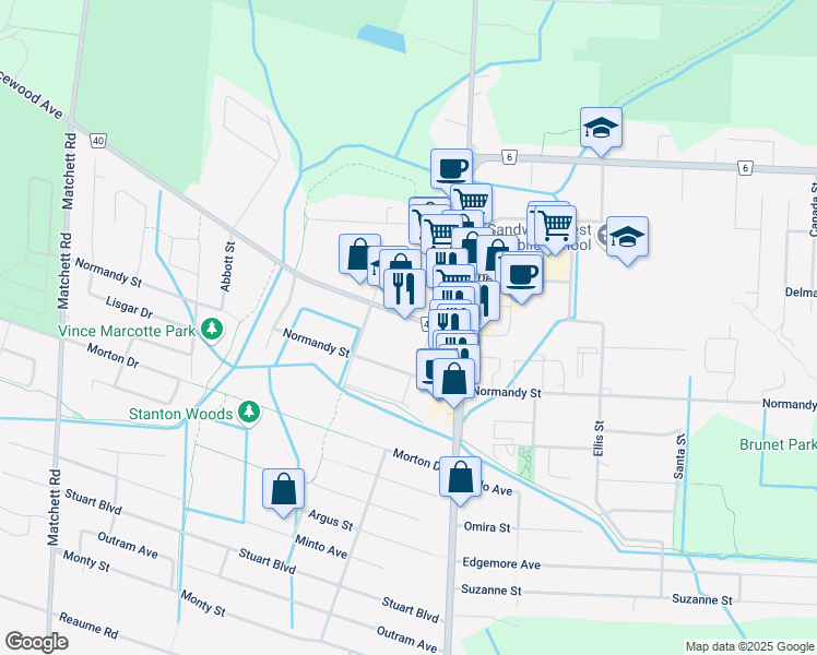 map of restaurants, bars, coffee shops, grocery stores, and more near 1745 Sprucewood Avenue in Windsor