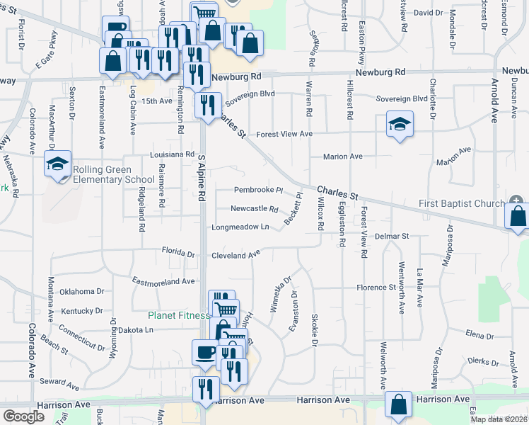 map of restaurants, bars, coffee shops, grocery stores, and more near 4623 Longmeadow Lane in Rockford
