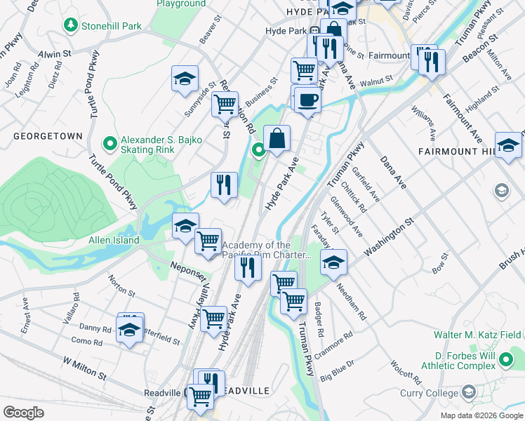 map of restaurants, bars, coffee shops, grocery stores, and more near 1544 Hyde Park Avenue in Boston