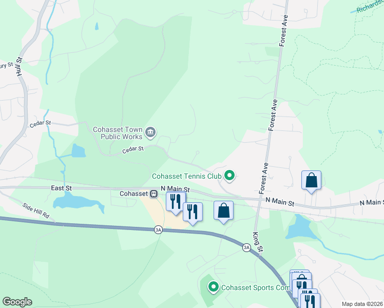 map of restaurants, bars, coffee shops, grocery stores, and more near 18 Cedarledge Village in Cohasset