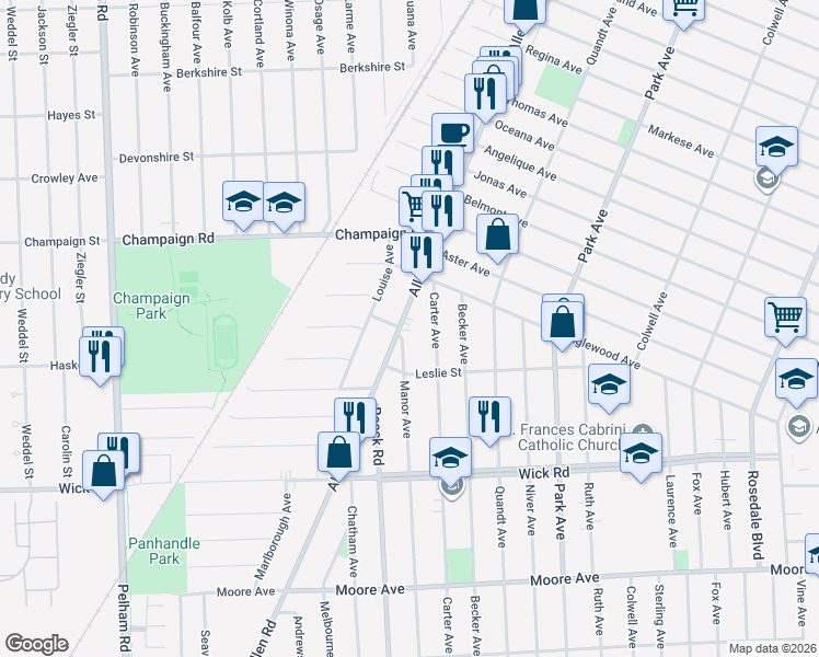 map of restaurants, bars, coffee shops, grocery stores, and more near 638 Carter Avenue in Allen Park
