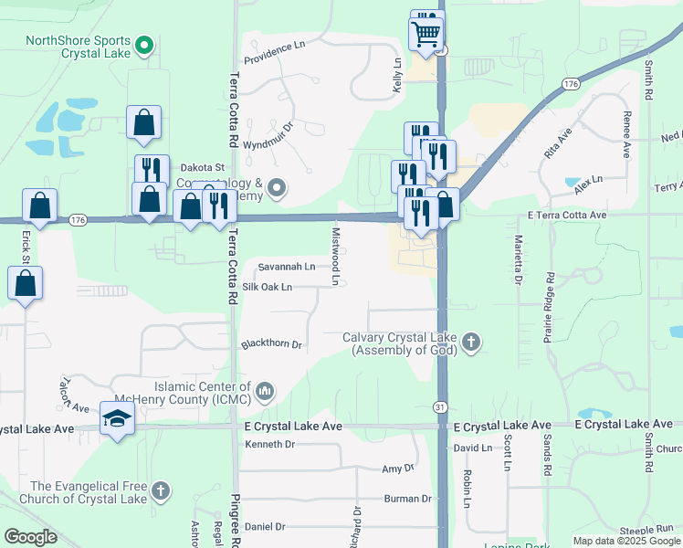 map of restaurants, bars, coffee shops, grocery stores, and more near 797 Silk Oak Lane in Crystal Lake