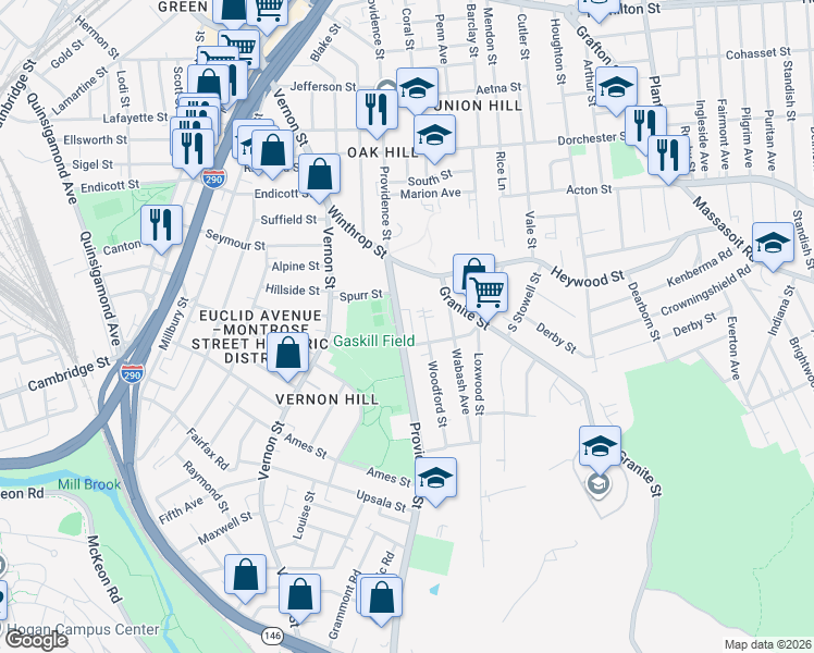 map of restaurants, bars, coffee shops, grocery stores, and more near 133 Providence Street in Worcester